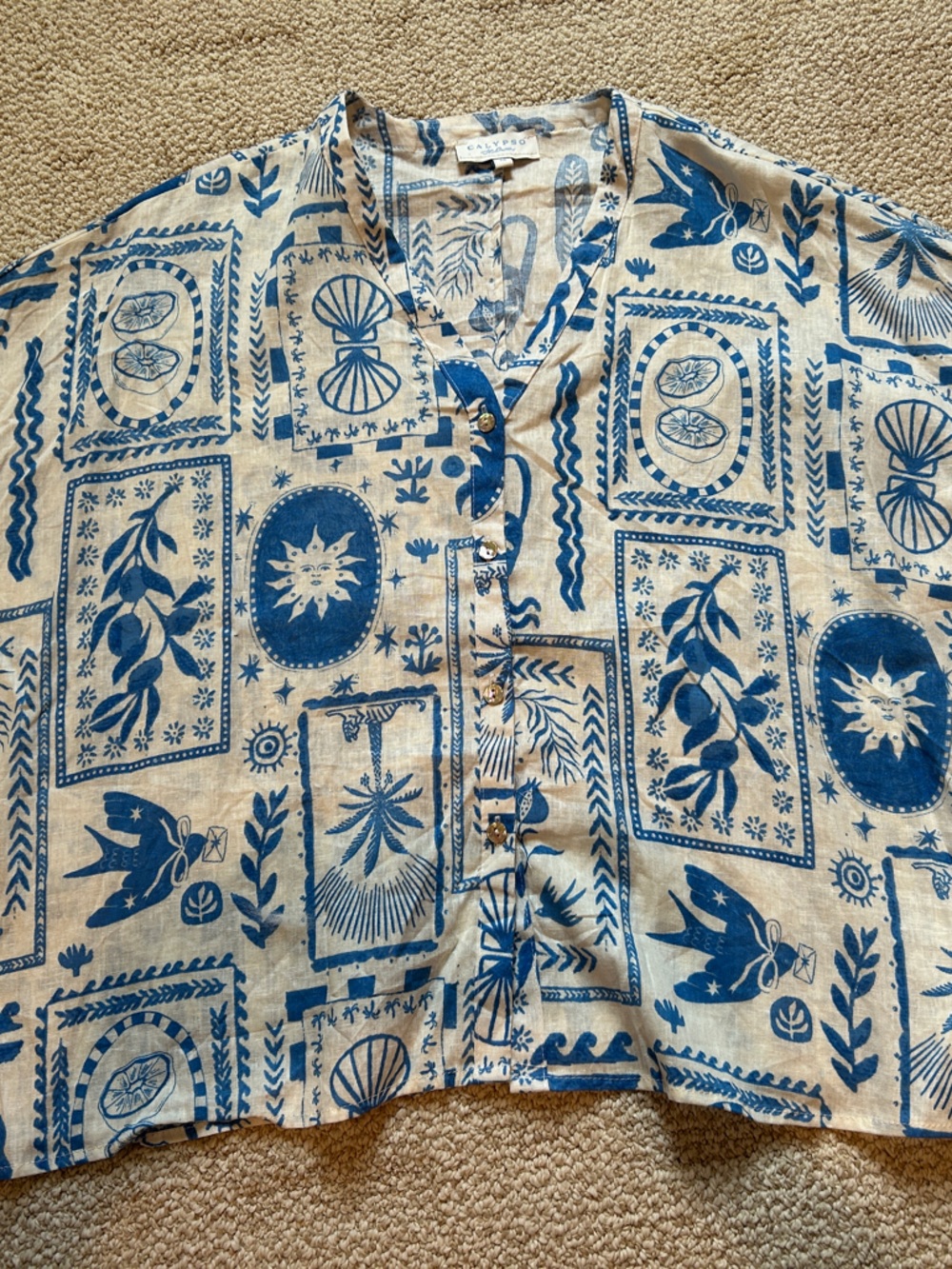 Calypso St Barth Blue and Cream Printed Button-Front Cap Sleeve Top, size M